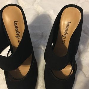 Black faux suede high heels, dressy.